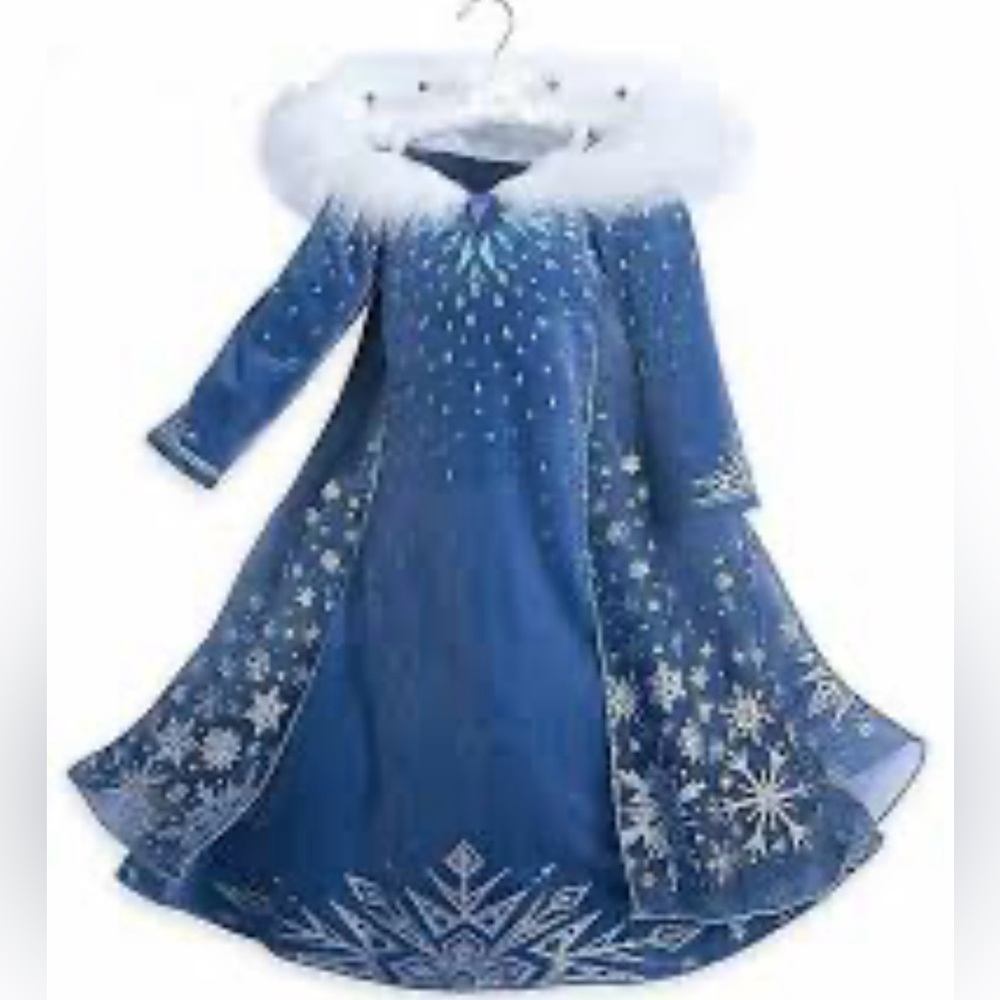 Elsa Frozen 8
(130)costume.Blue velvet gown w/fur collar&sheer cape & a crown.